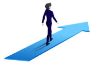 Silhouette of businessman walking on forward arrow. Concept of career path and start business